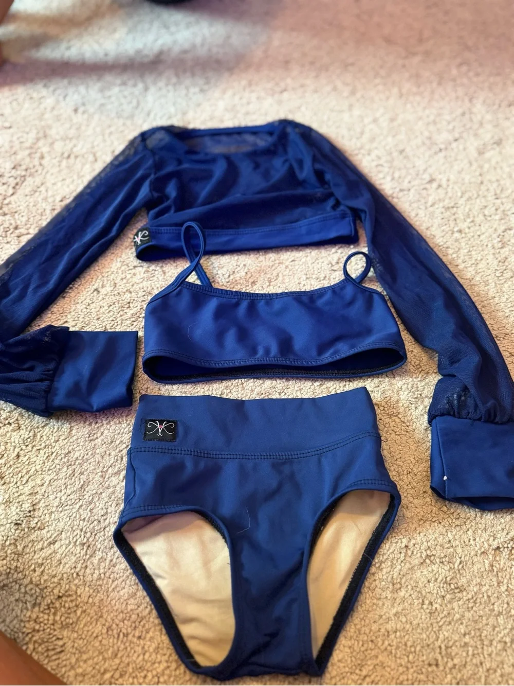 Kandi Kouture Deep Blue Three-Piece Dance Set with Mesh Long Sleeve Crop
